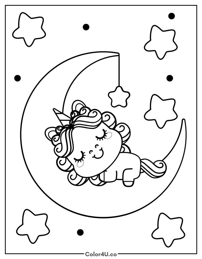 Sleeping unicorn on a crescent moon, medium Moon coloring page, free printable