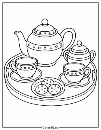 Teapot and Two Teacups on a Tray coloring page