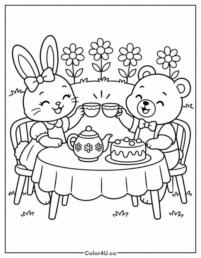 Bunny and bear clinking teacups at a garden tea party, medium tea coloring page, free printable