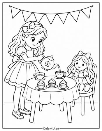 Girl Pouring Tea for Her Doll coloring page