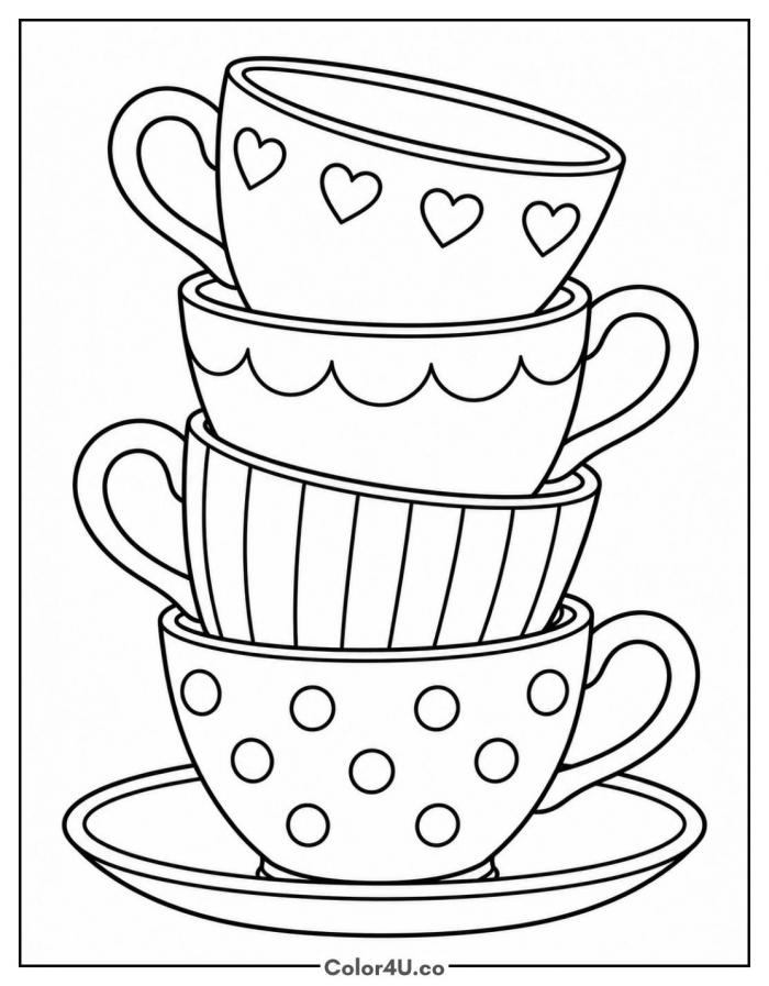 Tower of four stacked patterned teacups on a saucer, medium tea coloring page, free printable