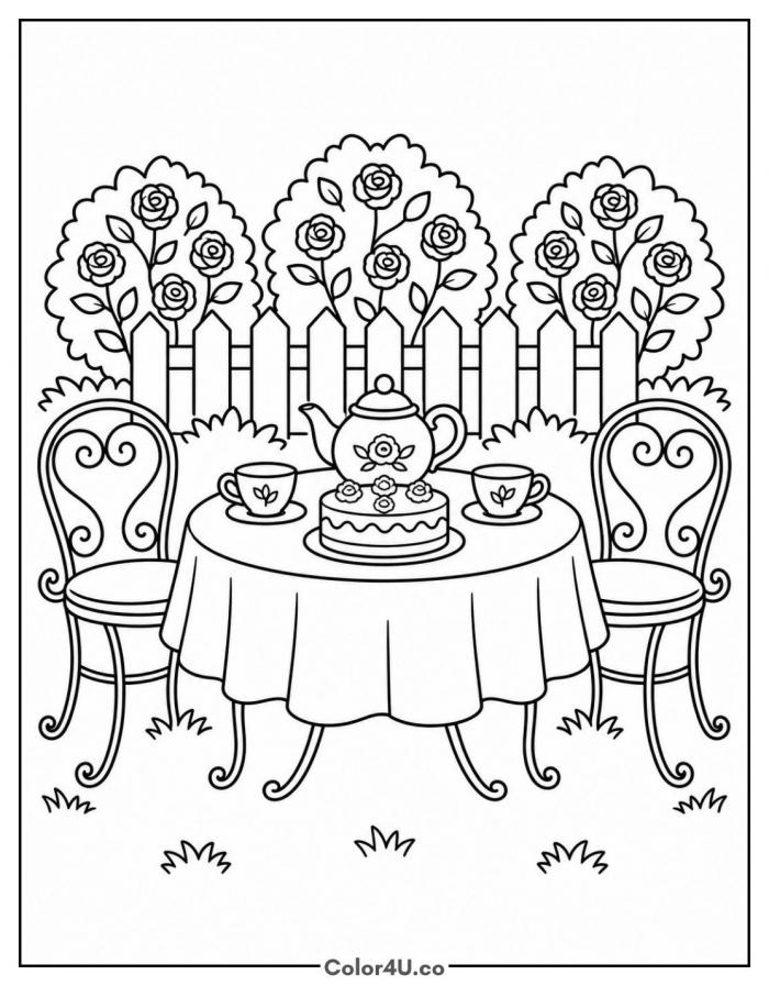 Garden tea party table with bistro chairs and rose bushes, medium tea coloring page, free printable