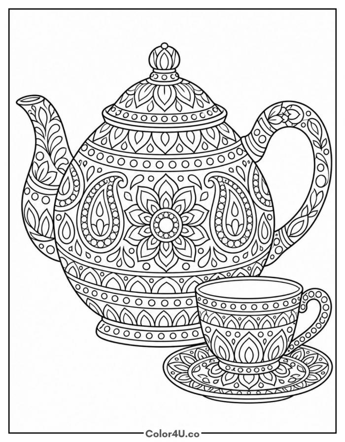 Teapot and teacup with mandala and paisley patterns, detailed tea coloring page, free printable