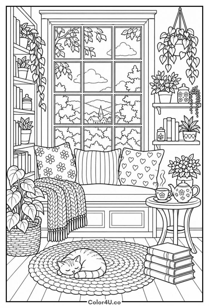 Cozy reading nook with tea, plants, books, and a sleeping cat, detailed tea coloring page, free printable