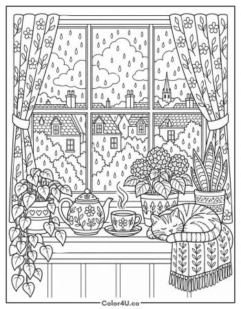 Rainy Day Tea by the Window coloring page