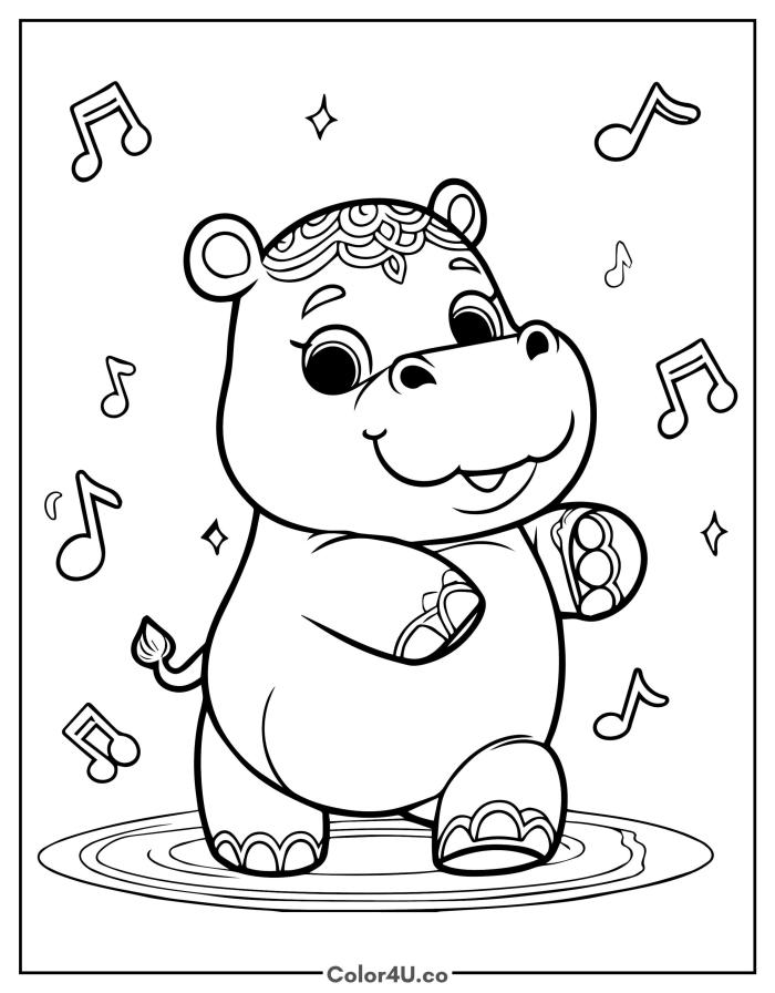 Hippo playing maracas surrounded by music notes, medium hippo coloring page, free printable