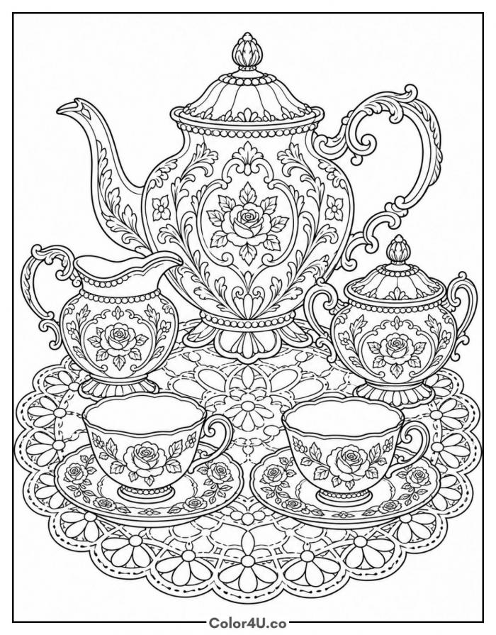Vintage Victorian tea set with roses on a lace doily, detailed tea coloring page, free printable