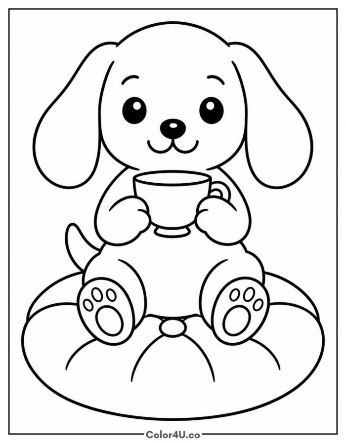 Puppy holding a teacup while sitting on a cushion, easy tea coloring page, free printable