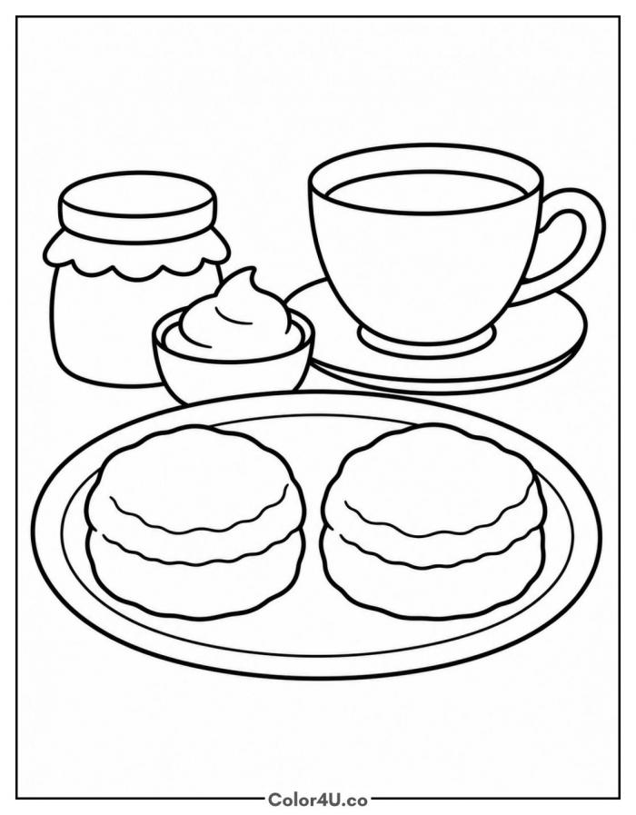 Scones with jam, cream, and a cup of tea, easy tea coloring page, free printable