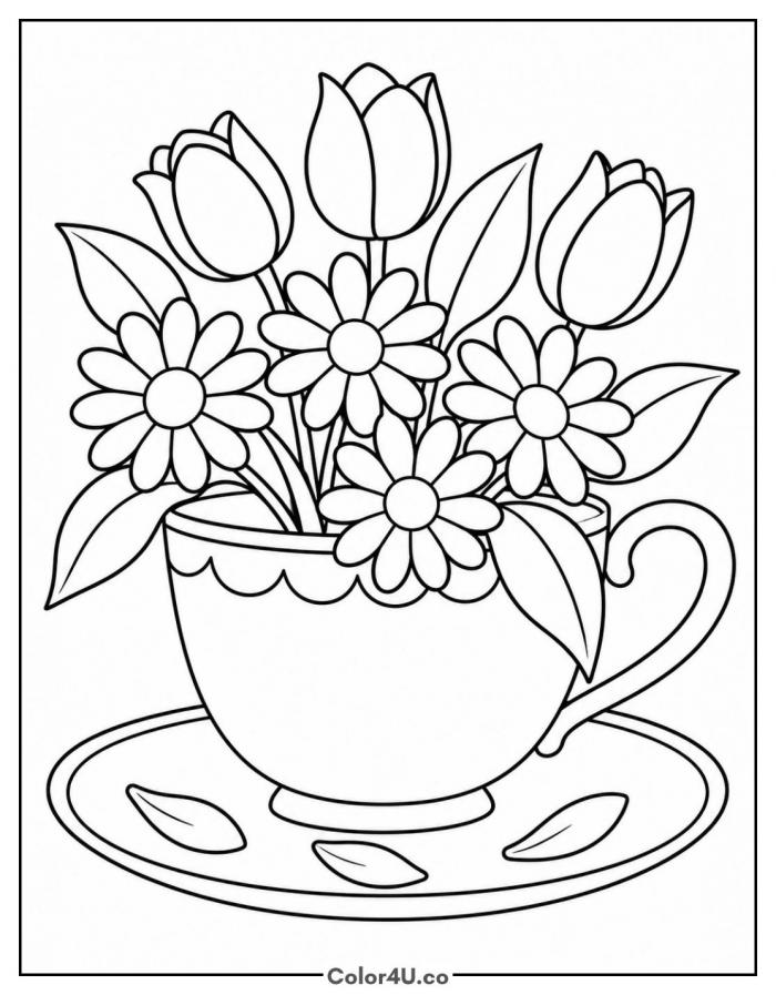 Teacup overflowing with tulips and daisies, medium tea coloring page, free printable