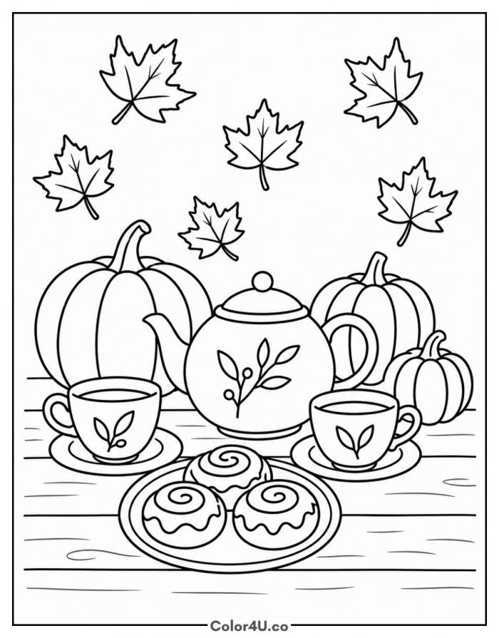 Autumn tea with pumpkins, cinnamon rolls, and falling leaves, medium tea coloring page, free printable