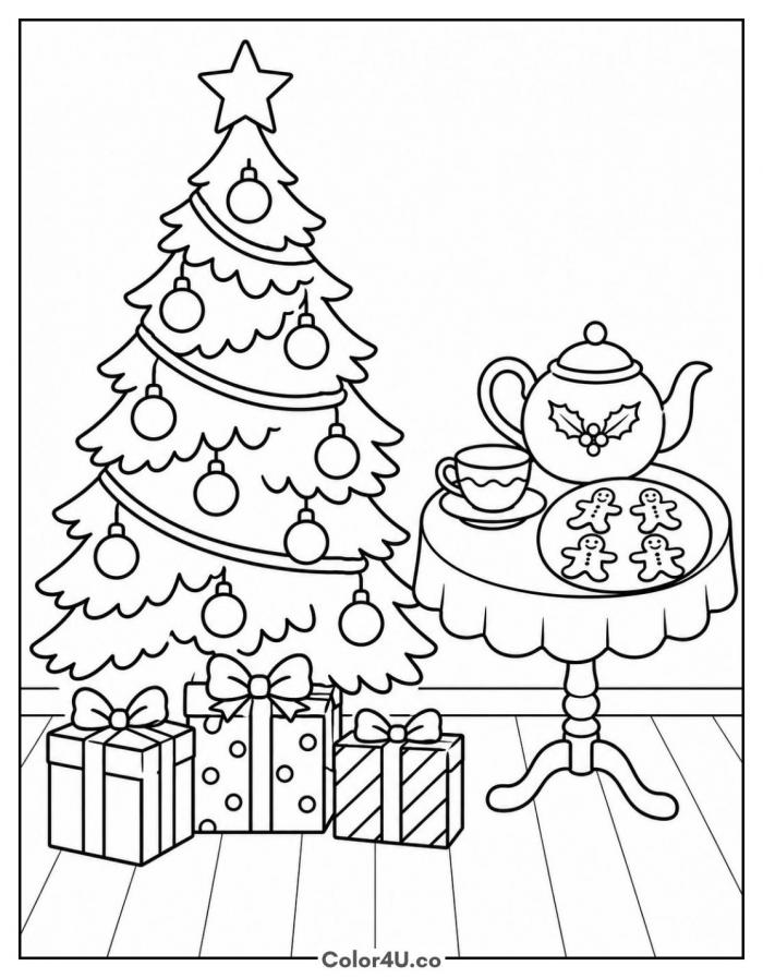 Christmas tea by the tree with gingerbread cookies and presents, medium tea coloring page, free printable