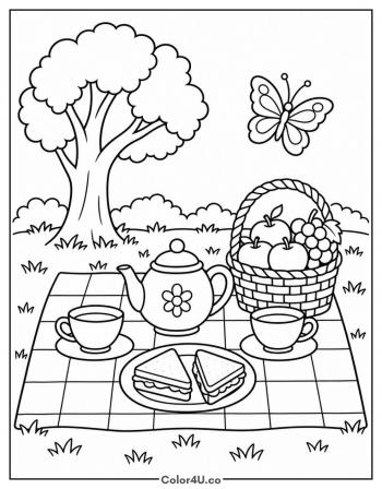 Tea Picnic on a Blanket coloring page