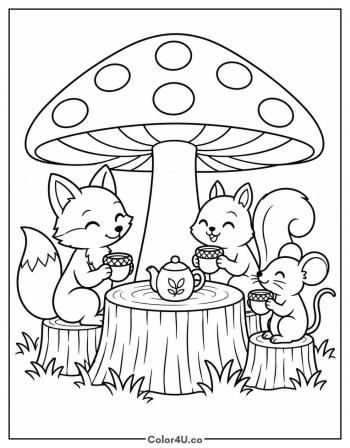 Woodland Tea Under a Mushroom coloring page