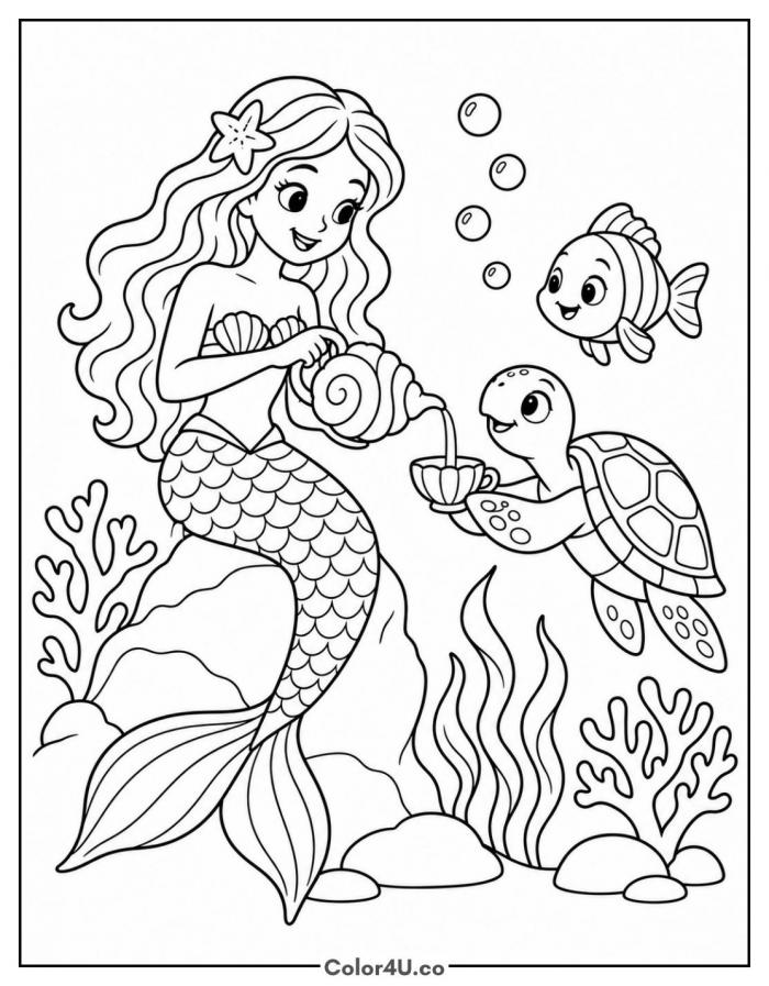 Mermaid pouring tea from a seashell for a sea turtle, medium tea coloring page, free printable