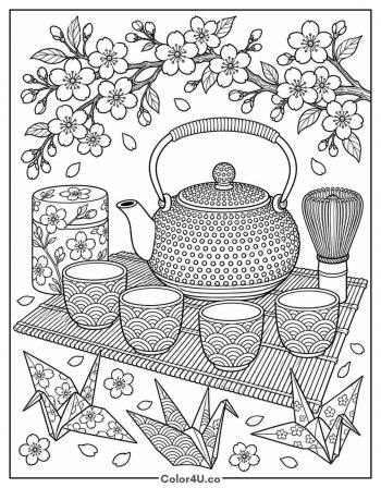 Japanese Tea Set with Cherry Blossoms coloring page