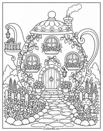 Teapot Cottage with Flowers coloring page