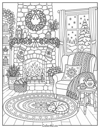 Winter Tea by the Fireplace coloring page