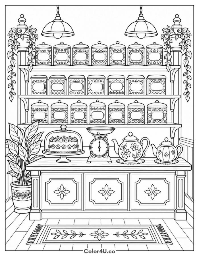 Cozy tea shop counter with shelves of tea tins and teapots, detailed tea coloring page, free printable