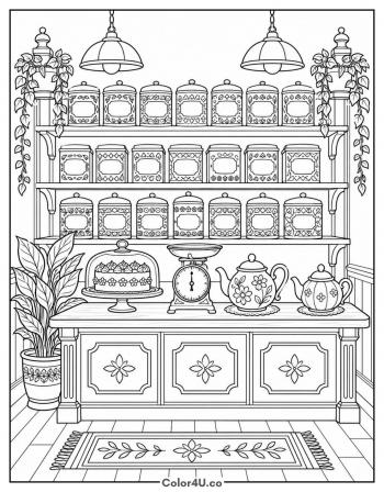Cozy Tea Shop Counter coloring page