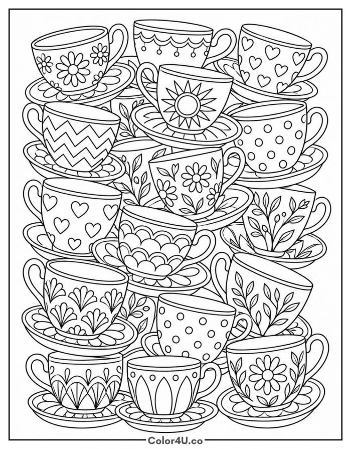 Pile of patterned teacups with hearts, dots, and flowers, detailed tea coloring page, free printable