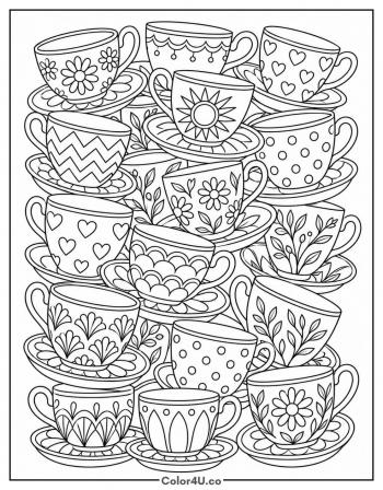 Page Full of Patterned Teacups coloring page