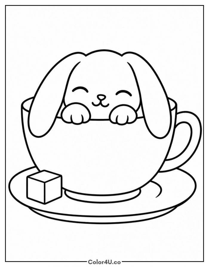 Bunny napping in a teacup with a sugar cube, easy tea coloring page, free printable