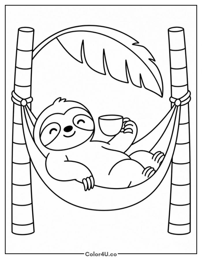 Sloth relaxing in a hammock holding a cup of tea, easy tea coloring page, free printable