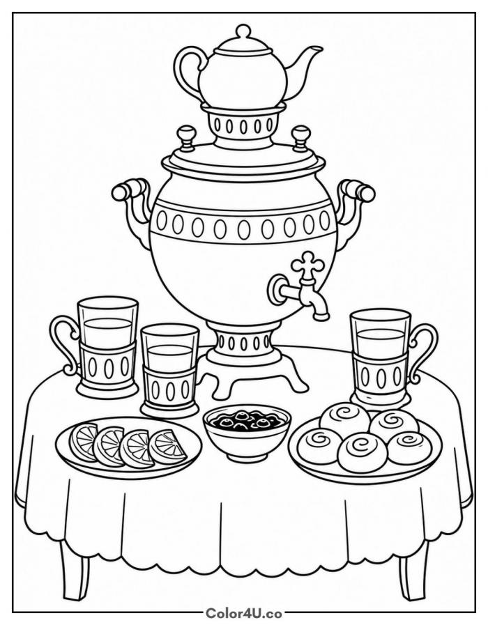 Samovar tea table with tea glasses, lemon slices, and buns, medium tea coloring page, free printable