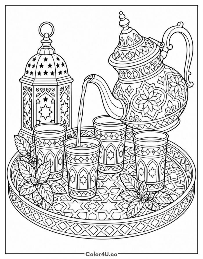 Moroccan mint tea tray with ornate teapot, glasses, and lantern, detailed tea coloring page, free printable