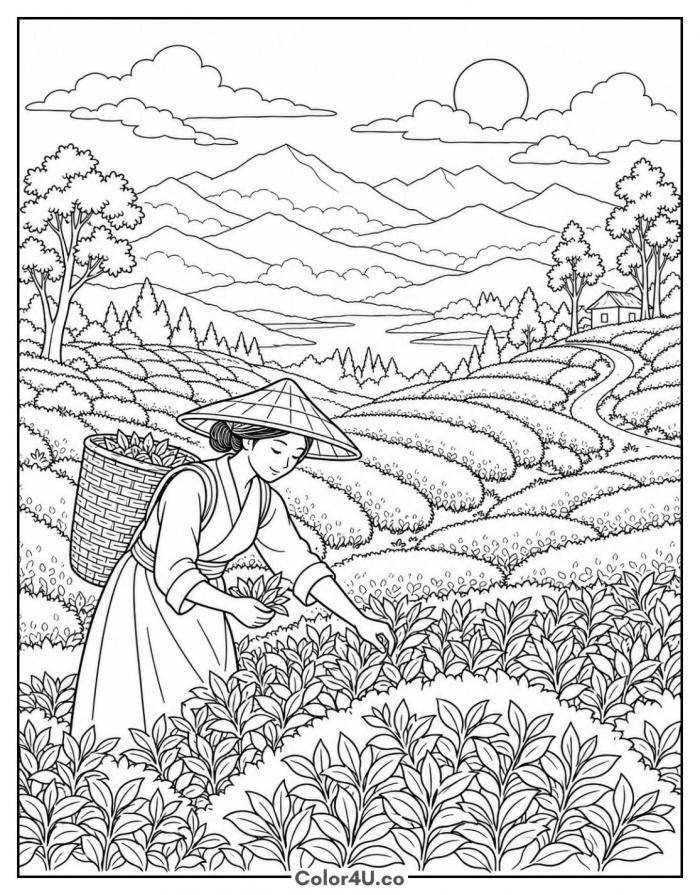 Tea picker gathering leaves on a hillside tea plantation, detailed tea coloring page, free printable