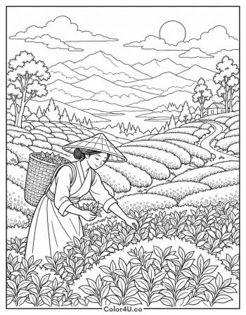 Tea Picker on a Hillside Plantation coloring page