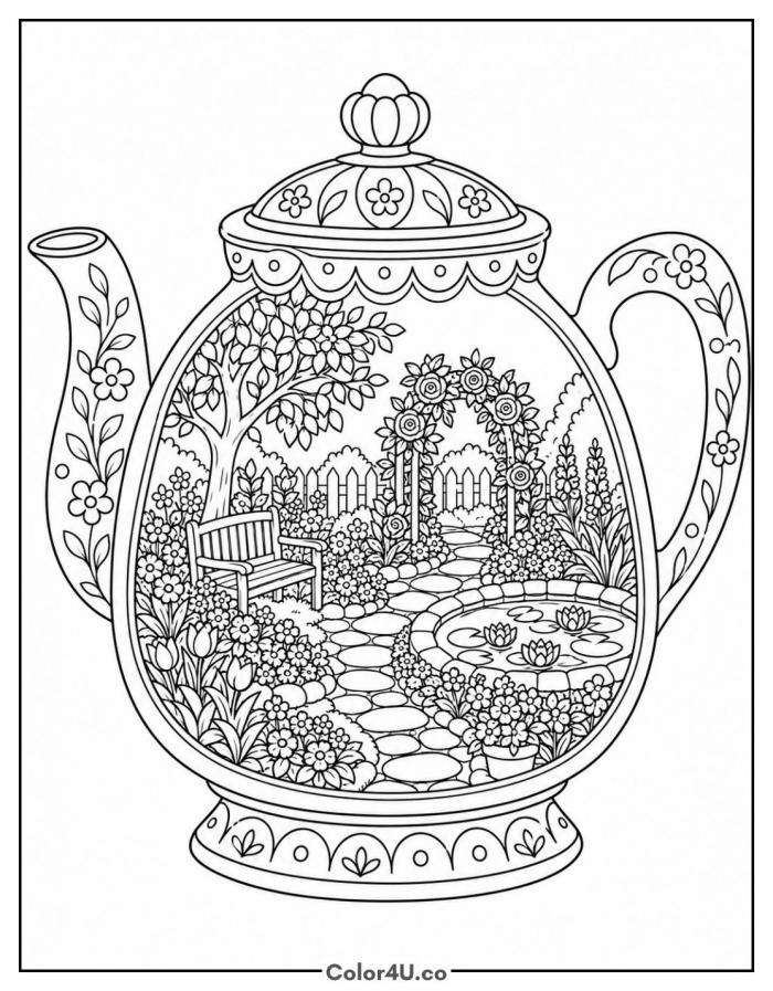 Tiny garden inside a teapot with a bench, rose arch, and pond, detailed tea coloring page, free printable