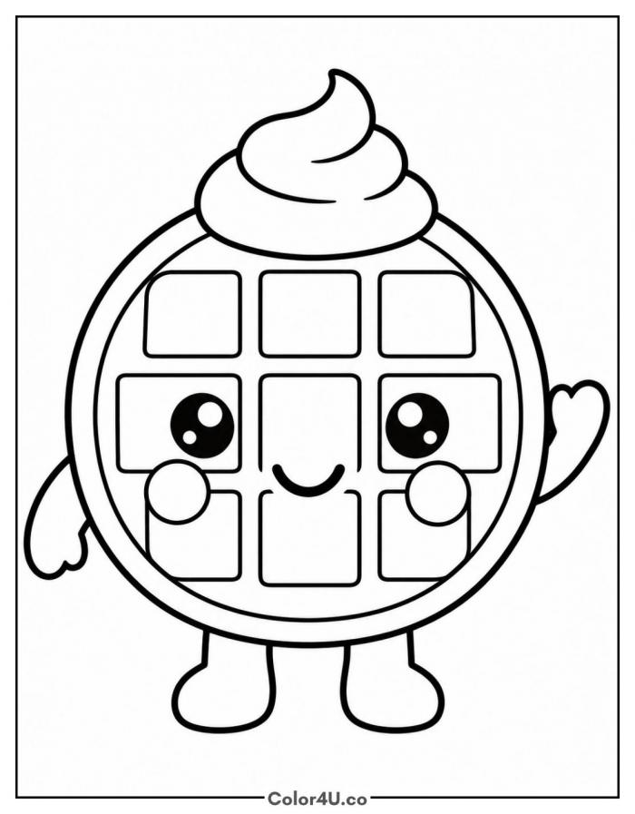Smiling kawaii waffle waving with whipped cream on top, easy waffle coloring page, free printable