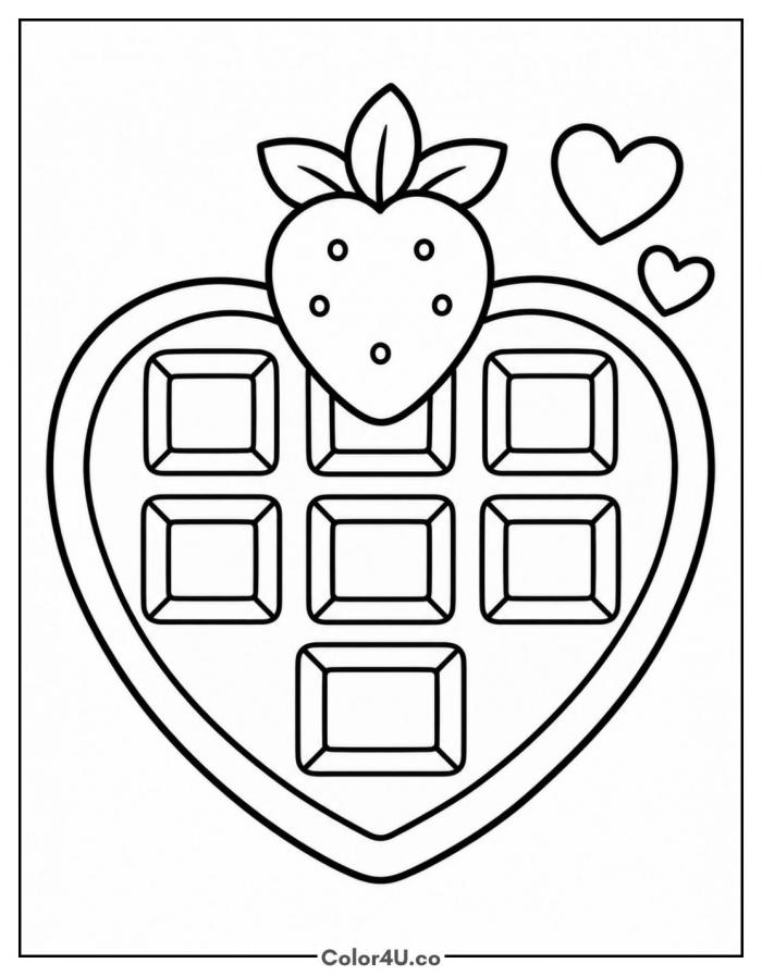Heart shaped waffle with a strawberry on top, easy waffle coloring page, free printable