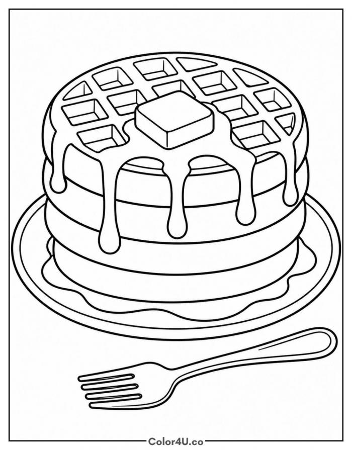 Stack of waffles with syrup and butter on a plate, medium waffle coloring page, free printable