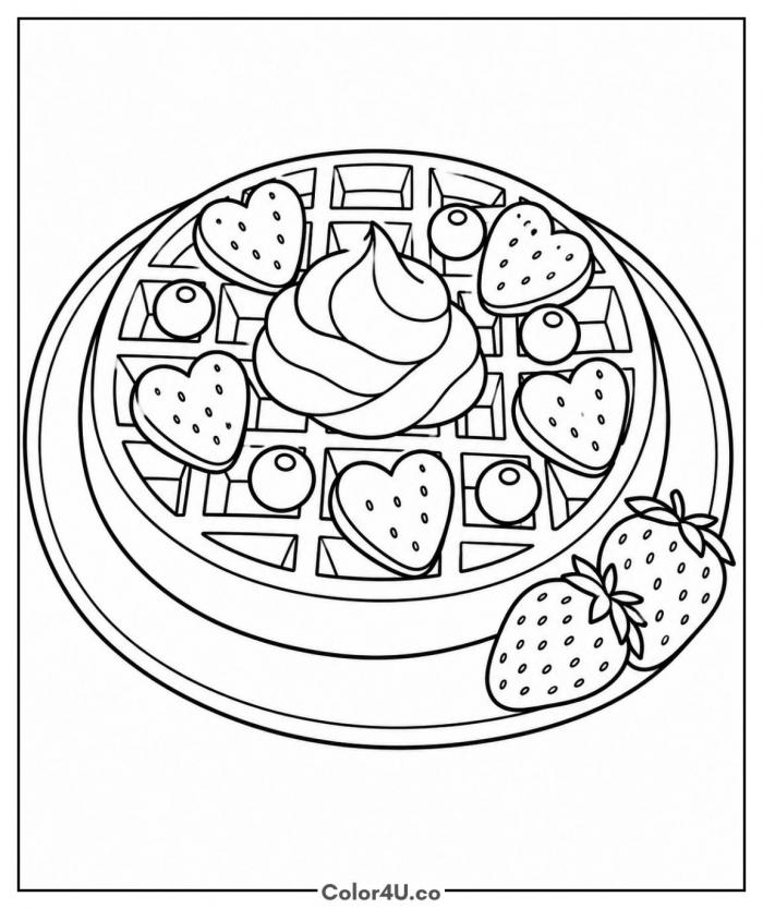 Round waffle with strawberries, blueberries and whipped cream, medium waffle coloring page, free printable