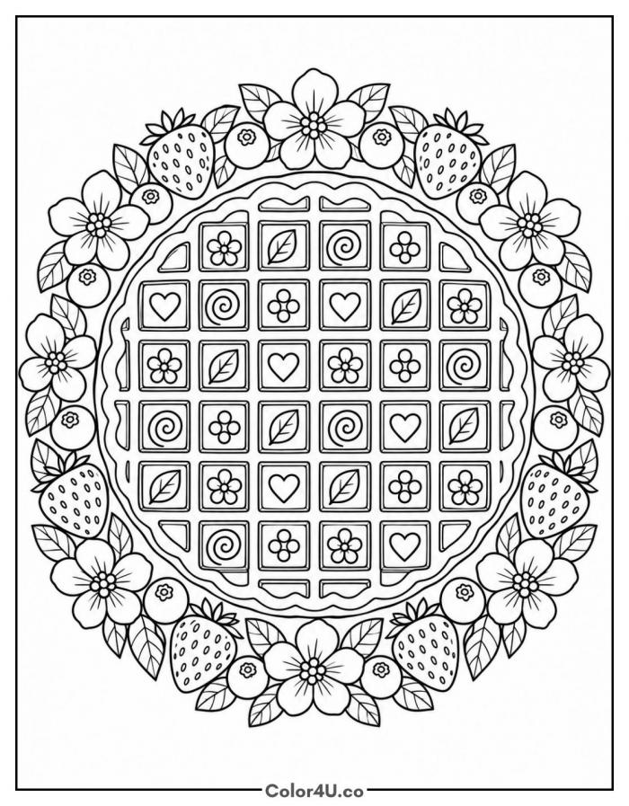 Round waffle with floral patterns and a berry wreath, detailed waffle coloring page, free printable
