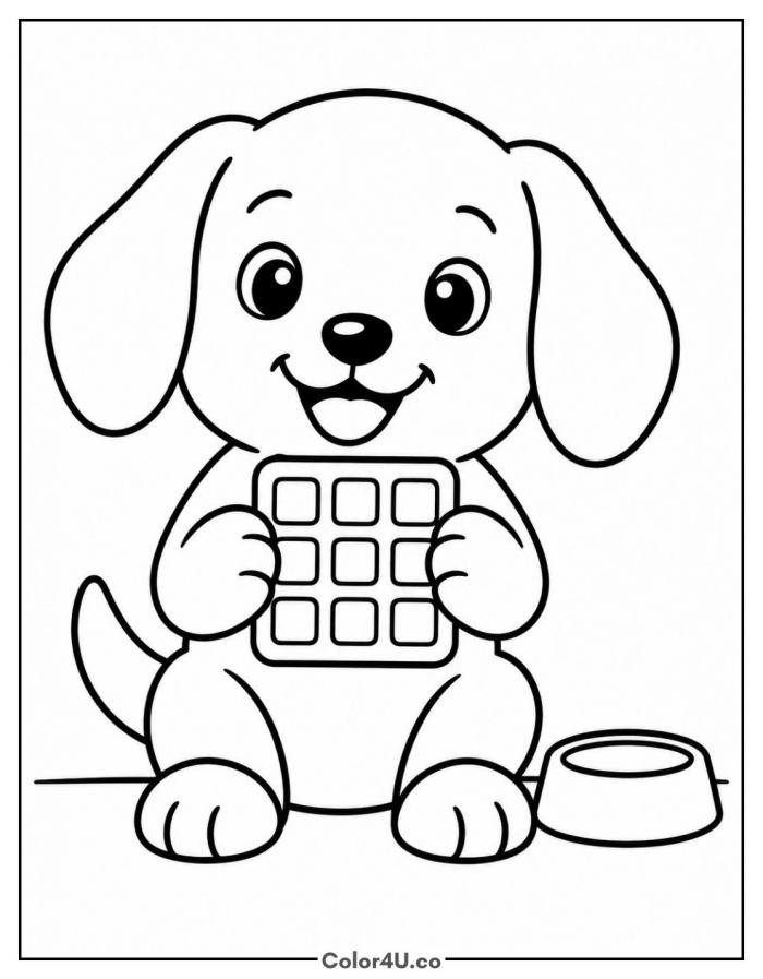 Puppy holding a waffle next to a food bowl, easy waffle coloring page, free printable