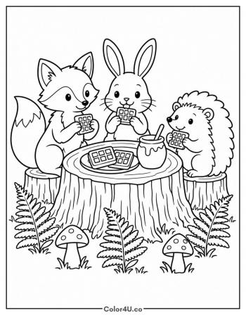 Woodland Animals Waffle Brunch coloring page