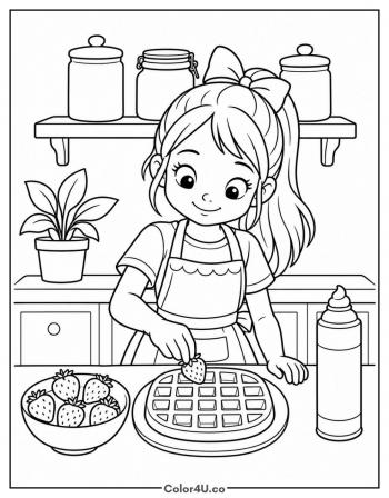 Girl Topping Waffles with Strawberries coloring page