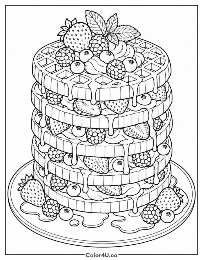 Tall stack of waffles layered with berries and syrup, detailed waffle coloring page, free printable