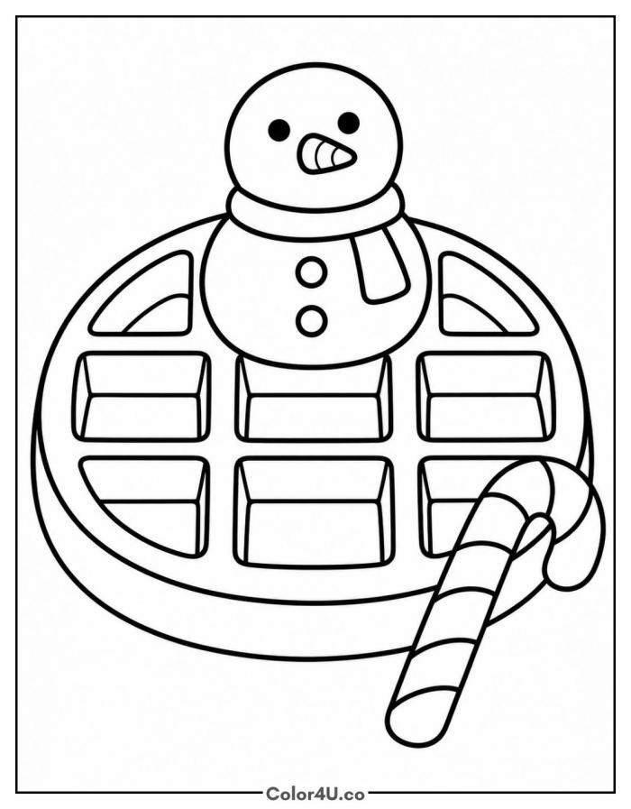Snowman on a round waffle with a candy cane, easy Christmas waffle coloring page, free printable