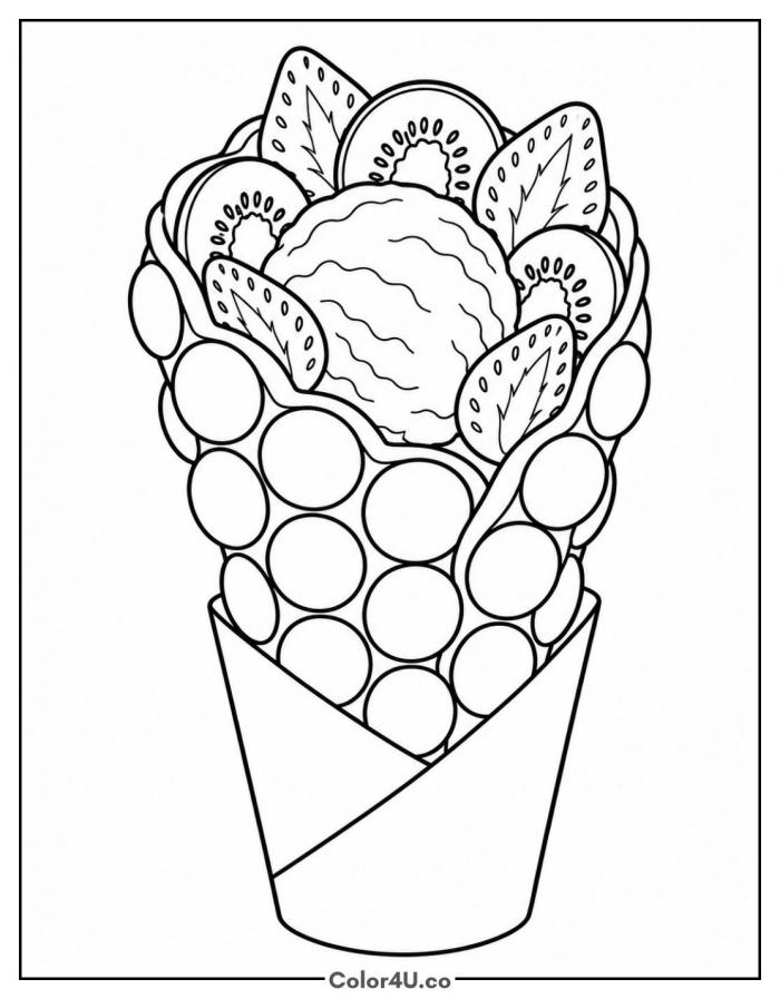 Hong Kong bubble waffle cone with ice cream and fruit, medium waffle coloring page, free printable