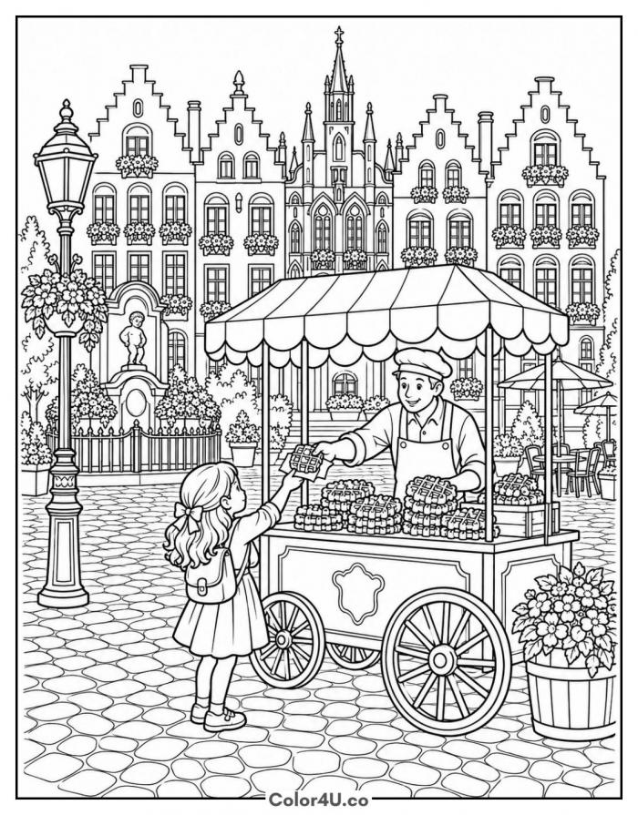 Girl buying a waffle from a cart in a European town square, detailed waffle coloring page, free printable