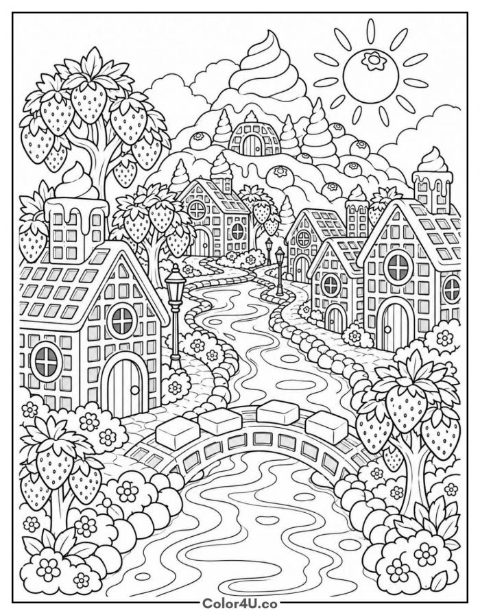 Village of waffle houses along a syrup river, detailed waffle coloring page, free printable
