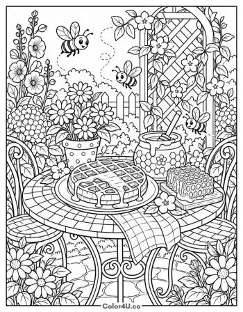 Honey Waffle Garden with Bees coloring page