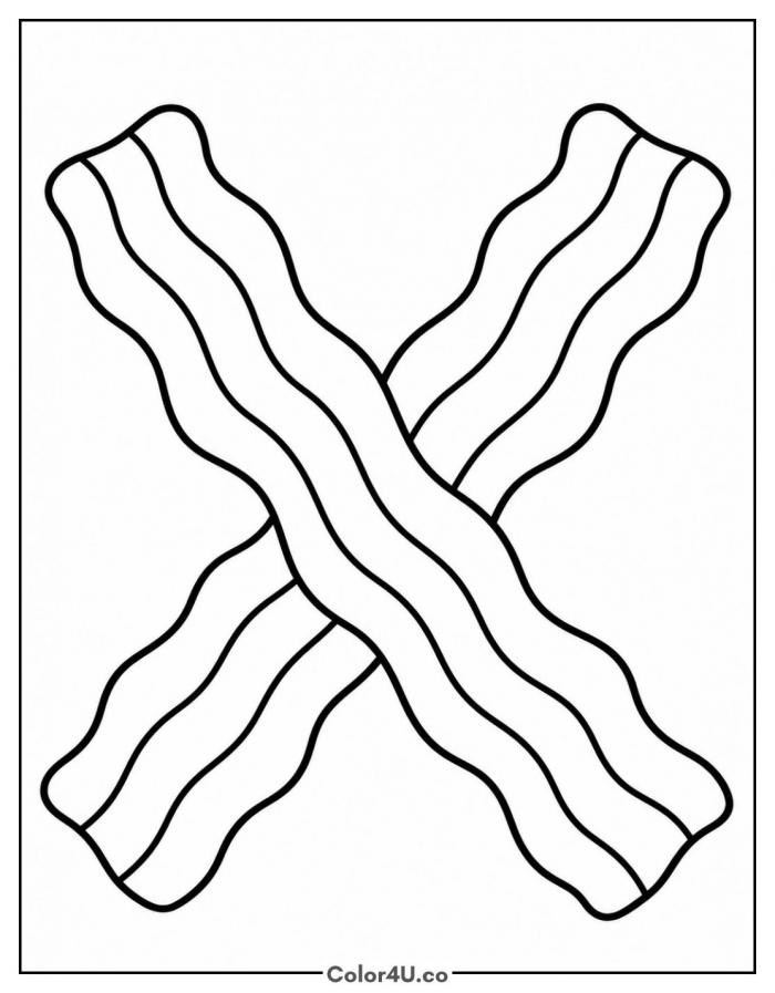 Two crispy bacon strips crossed in an X, easy breakfast coloring page, free printable