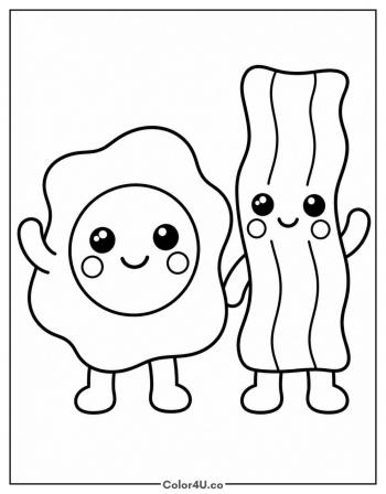 Kawaii Bacon and Egg Friends coloring page