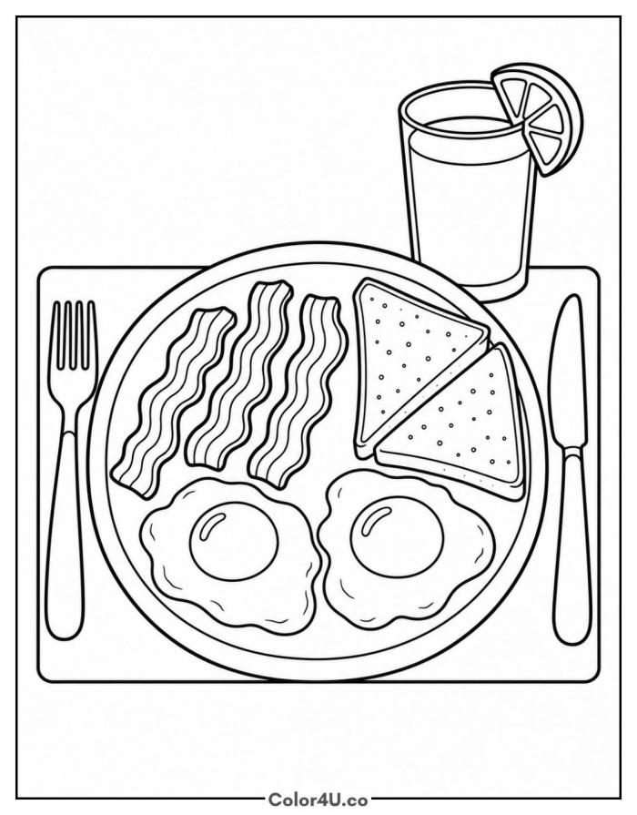 Classic bacon and eggs breakfast plate with orange juice, medium food coloring page, free printable